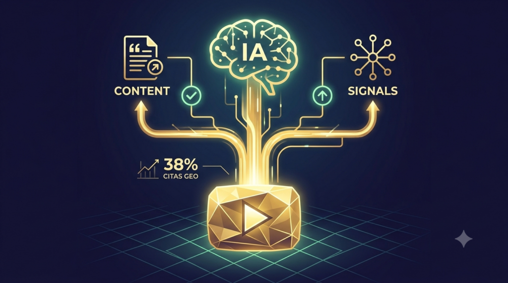 Ilustración de un cerebro de IA que conecta contenido y señales para generar citas en búsqueda generativa