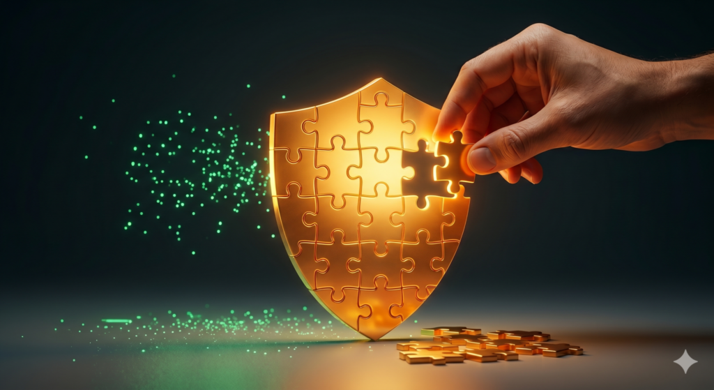 Mano colocando la pieza final de un escudo dorado de puzzle, como metáfora de la protección de datos