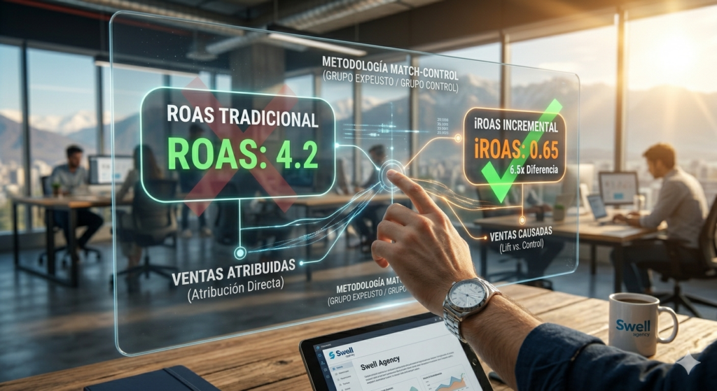 Comparación entre ROAS tradicional e iROAS incremental sobre una interfaz holográfica en una oficina