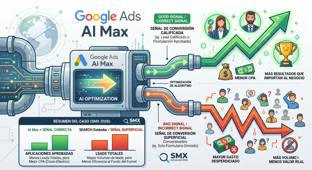 Infografía sobre Google Ads AI Max: señales de conversión calificadas frente a señales superficiales y su efecto en el CPA