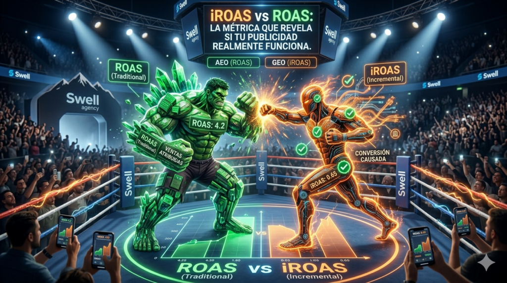 Ilustración tipo combate de boxeo entre el ROAS tradicional y el iROAS incremental